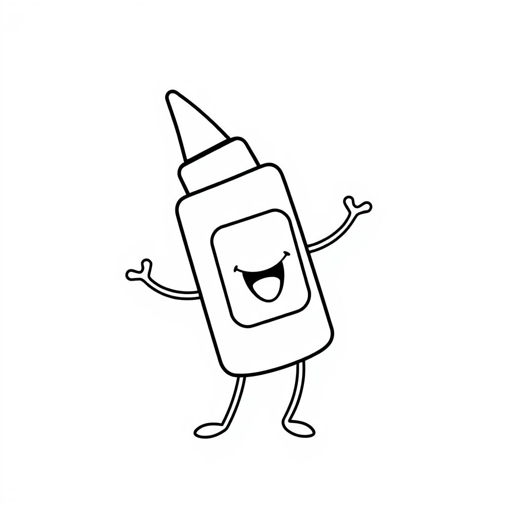 A glue stick with a piece of cut paper, cartoon style, child-safe shapes, white background