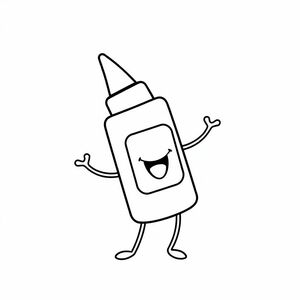 A glue stick with a piece of cut paper, cartoon style, child-safe shapes, white background