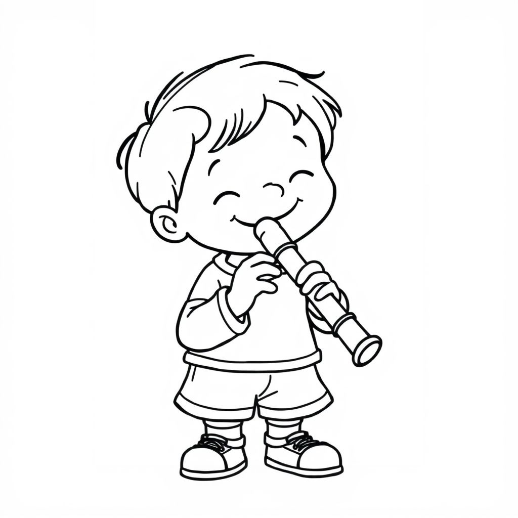 A child playing recorder (musical instrument), front view, cartoon outline style