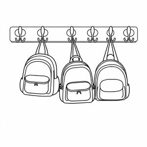 A row of hanging school bags on wall hooks, 2–3 bags, cartoon line art, minimal background