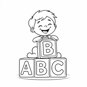 Một đứa trẻ chơi với các khối bảng chữ cái lớn "ABC", phong cách hoạt hình, nền trắng