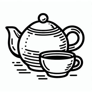 A black and white drawing of a teapot and a cup