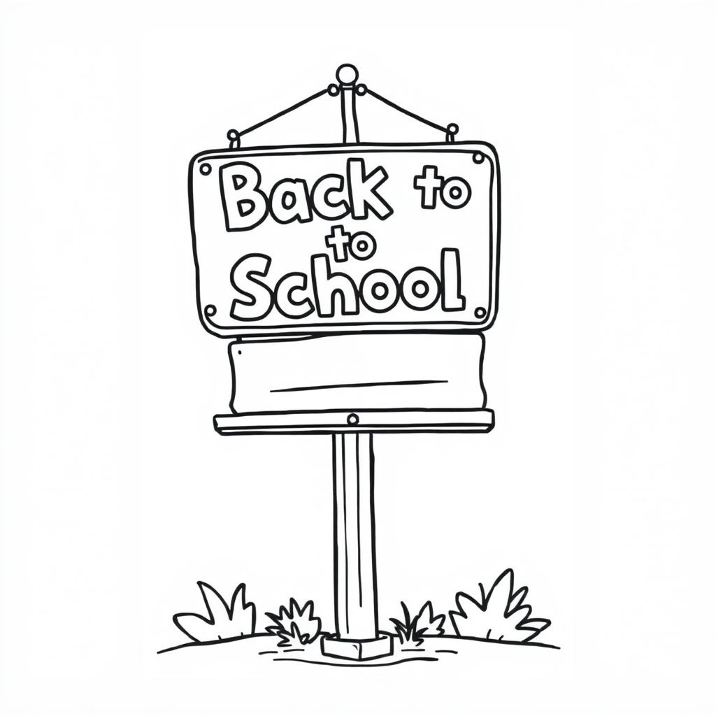 Bảng hiệu "Back to School" trên cột, thiết kế hoạt hình, bố cục gọn gàng, không lộn xộn nền