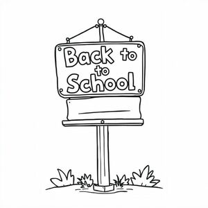 Bảng hiệu "Back to School" trên cột, thiết kế hoạt hình, bố cục gọn gàng, không lộn xộn nền