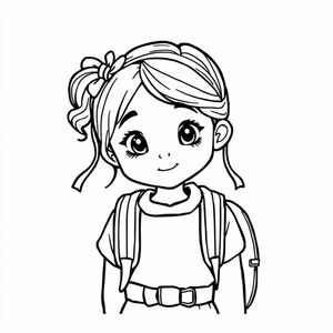 Một cô gái trẻ buộc ruy băng trên tóc trước khi đến trường, khuôn mặt hoạt hình, chủ đề trung tâm