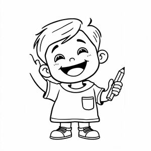  Một cậu bé mỉm cười với bàn tay giơ cao và tay kia cầm bút chì, phong cách vẽ hoạt hình