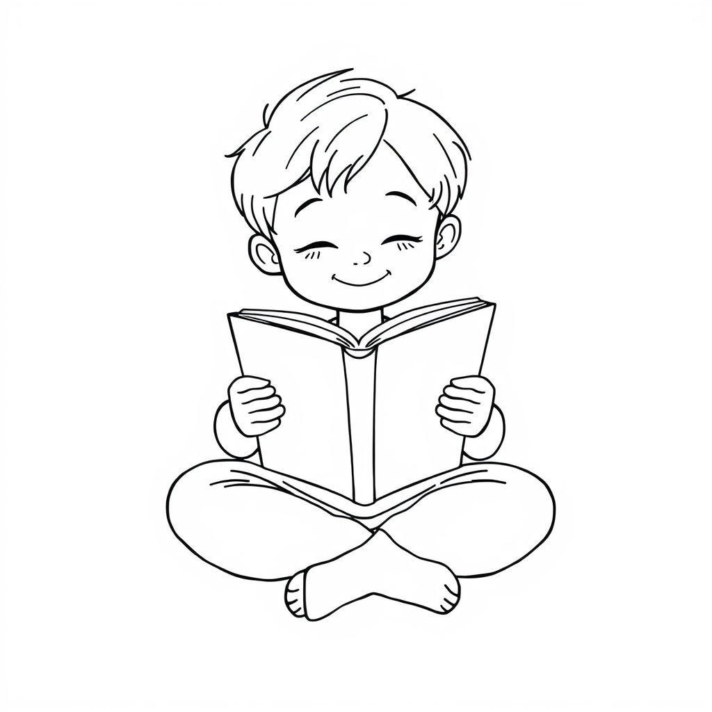 Một đứa trẻ ngồi khoanh chân và đọc sách, biểu cảm ôn hòa, nghệ thuật đường nét hoạt hình, nền trắng