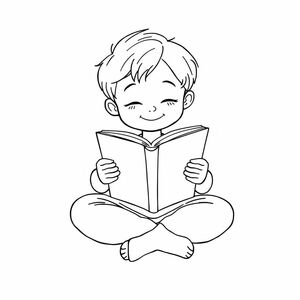 Một đứa trẻ ngồi khoanh chân và đọc sách, biểu cảm ôn hòa, nghệ thuật đường nét hoạt hình, nền trắng