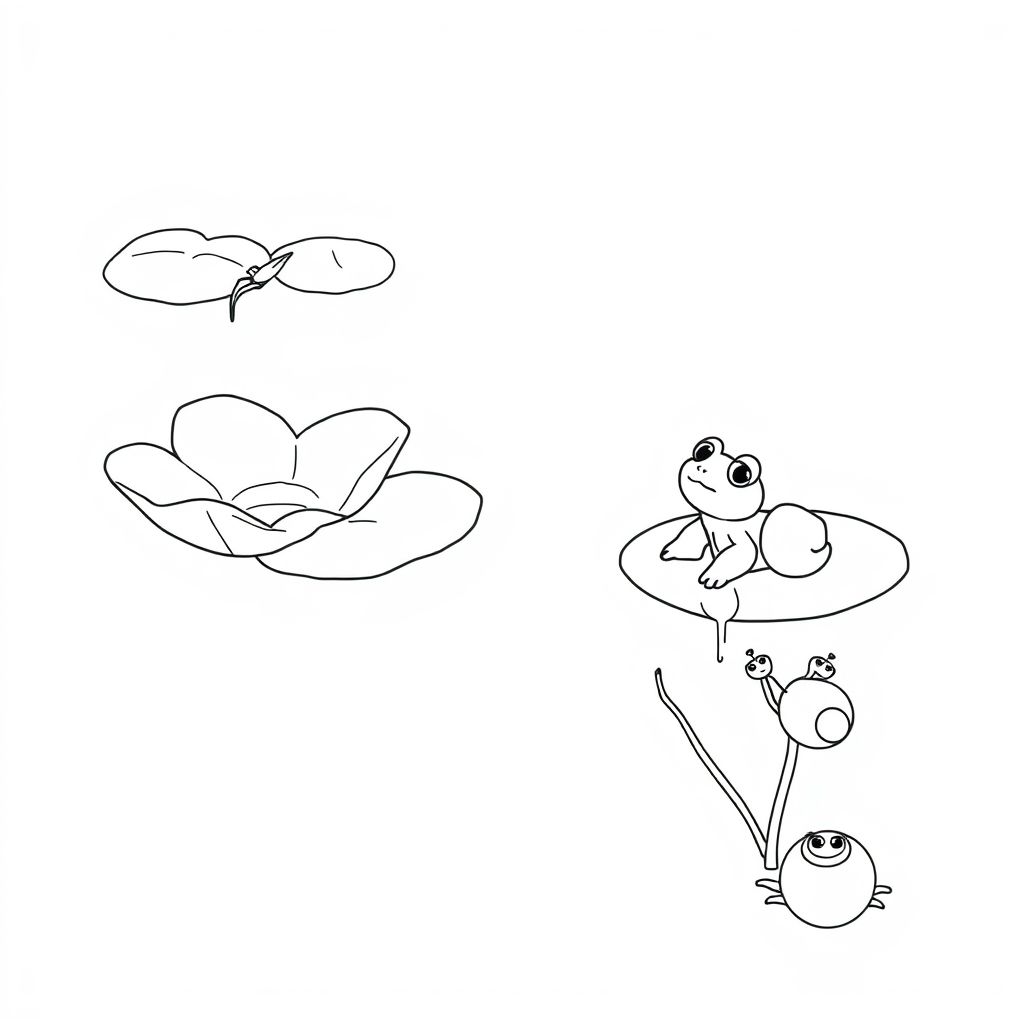 A peaceful pond scene illustrated in clean black-and-white line art on a pure white background. The water is calm and flat like a mirror. A few soft, curved lotus leaves float gently. A little frog sits peacefully, looking relaxed. A delicate water spider dances lightly on the surface. Two small apple snails slowly crawl along a lotus stem. The scene is calm and quiet, full of natural harmony. The drawing style is simple, soft, and child-friendly, suitable for a storybook illustration.
