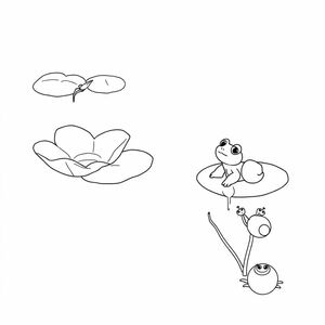 A peaceful pond scene illustrated in clean black-and-white line art on a pure white background. The water is calm and flat like a mirror. A few soft, curved lotus leaves float gently. A little frog sits peacefully, looking relaxed. A delicate water spider dances lightly on the surface. Two small apple snails slowly crawl along a lotus stem. The scene is calm and quiet, full of natural harmony. The drawing style is simple, soft, and child-friendly, suitable for a storybook illustration.