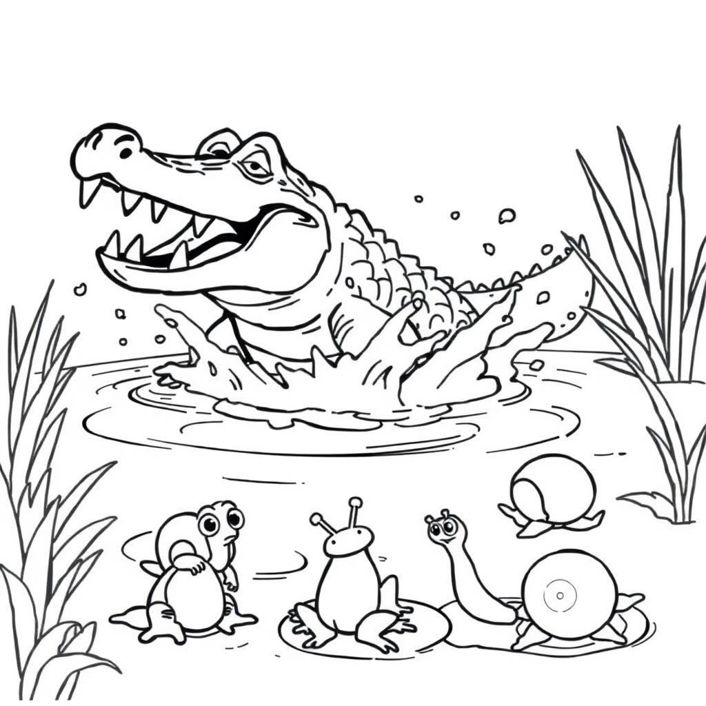 A pond with splashing water. A crocodile appears with its rough back and open mouth full of sharp teeth. The frog jumps away, the water spider escapes, and the two apple snails fall into the water.