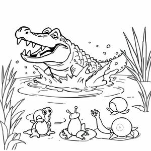 A pond with splashing water. A crocodile appears with its rough back and open mouth full of sharp teeth. The frog jumps away, the water spider escapes, and the two apple snails fall into the water.