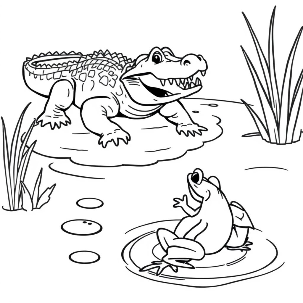 A pond with splashing water. A crocodile appears with its rough back and open mouth full of sharp teeth. The frog jumps away.