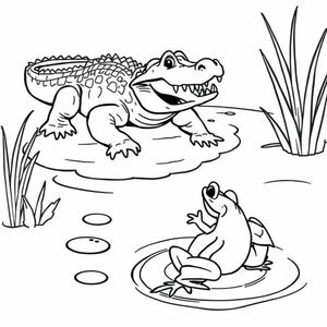 A pond with splashing water. A crocodile appears with its rough back and open mouth full of sharp teeth. The frog jumps away.