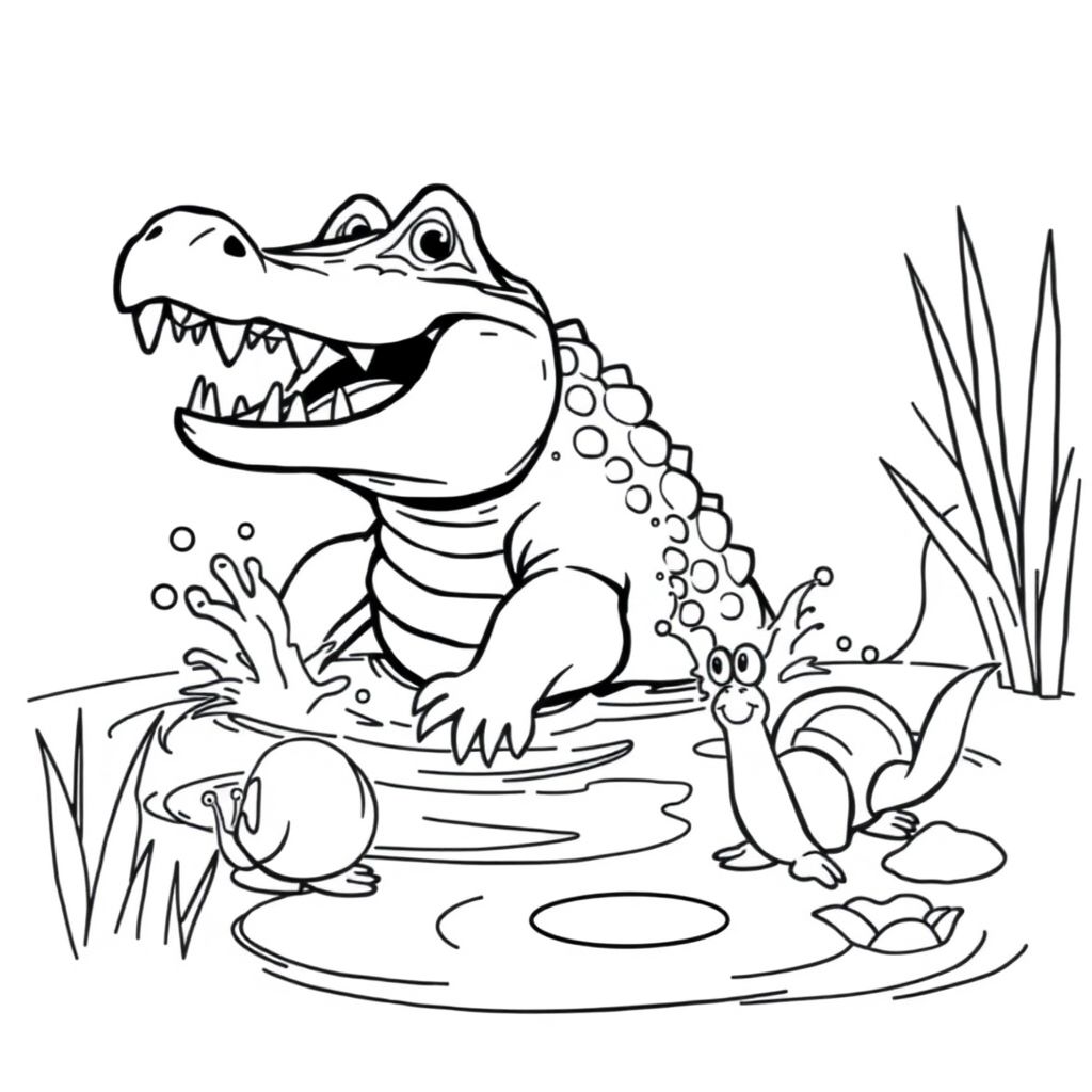 A pond with splashing water. A crocodile appears with its rough back and open mouth full of sharp teeth. A frog and two snail are jump away.