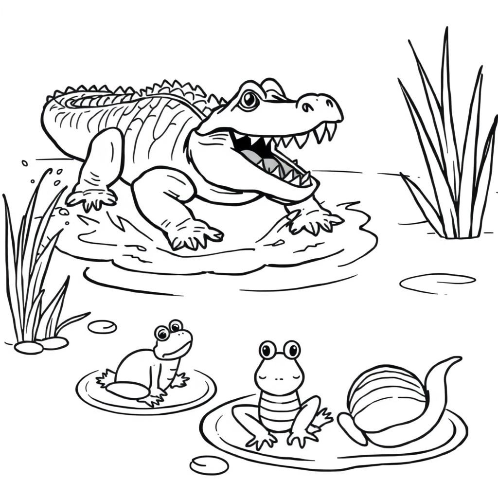 A pond with splashing water. A crocodile appears with its rough back and open mouth full of sharp teeth. A frog and two snail are scared.