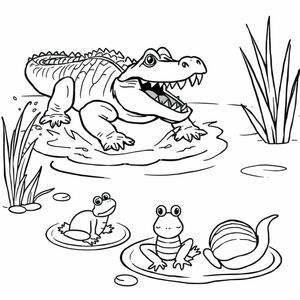A pond with splashing water. A crocodile appears with its rough back and open mouth full of sharp teeth. A frog and two snail are scared.