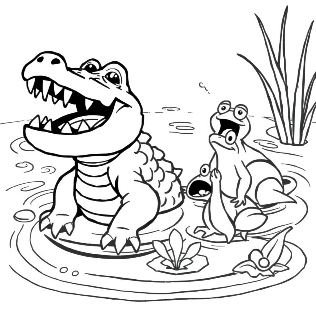 A pond with splashing water. A crocodile appears with its rough back and open mouth full of sharp teeth. A frog and two snail scream.
