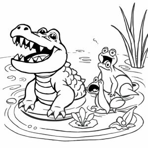 A pond with splashing water. A crocodile appears with its rough back and open mouth full of sharp teeth. A frog and two snail scream.