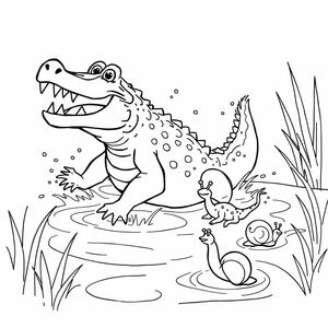 A pond with splashing water. A crocodile appears with its rough back and open mouth full of sharp teeth. A frog and two snail run away.