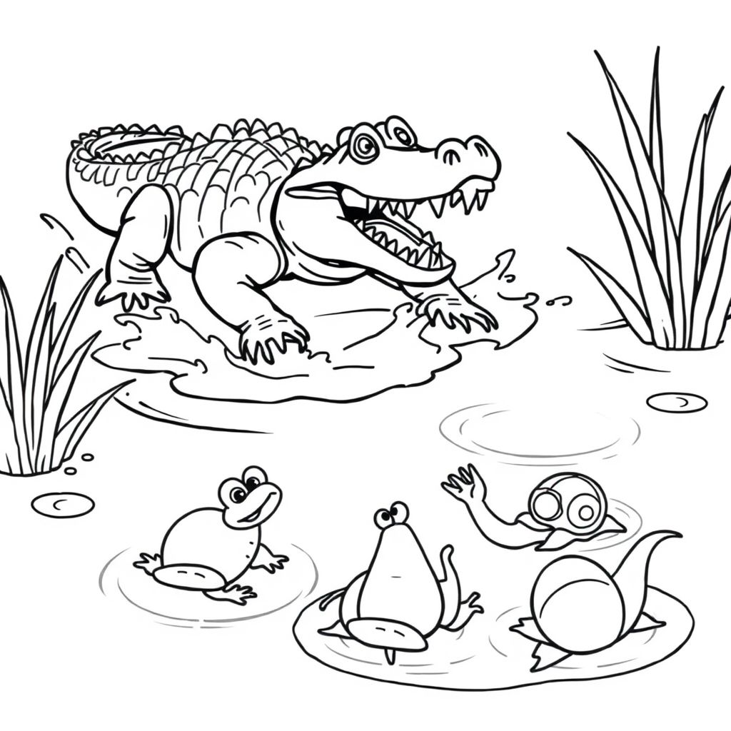 A pond with splashing water. A crocodile appears with its rough back and open mouth full of sharp teeth. The frog jumps away, the water spider escapes, and the two apple snails fall into the water. 