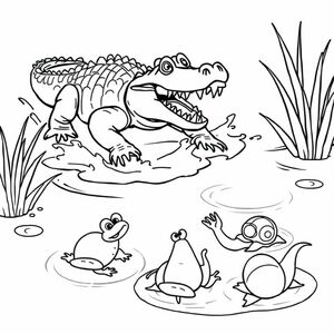A pond with splashing water. A crocodile appears with its rough back and open mouth full of sharp teeth. The frog jumps away, the water spider escapes, and the two apple snails fall into the water. 