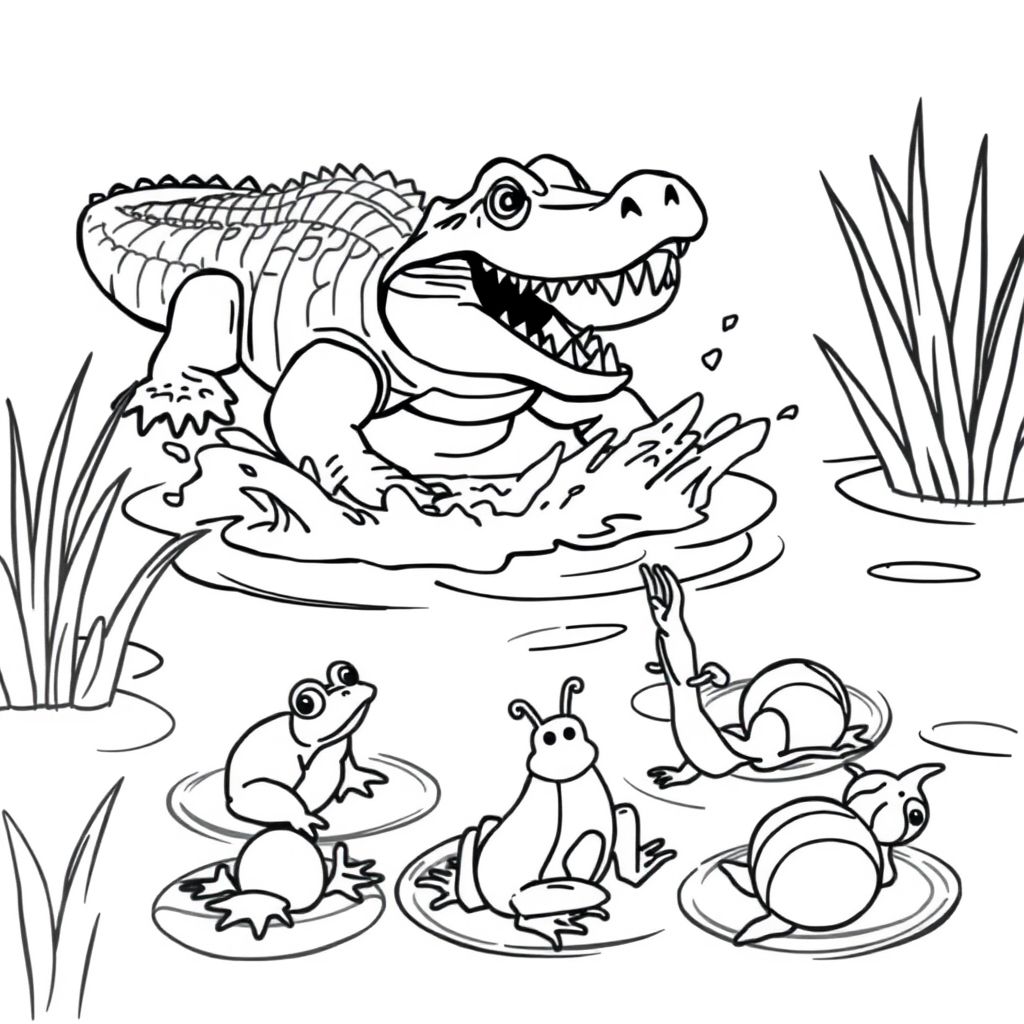 A pond with splashing water. A crocodile appears with its rough back and open mouth full of sharp teeth. A frog, a water spider, and two snails fall are shocked.