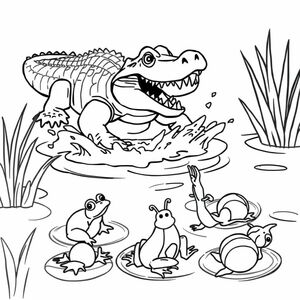 A pond with splashing water. A crocodile appears with its rough back and open mouth full of sharp teeth. A frog, a water spider, and two snails fall are shocked.