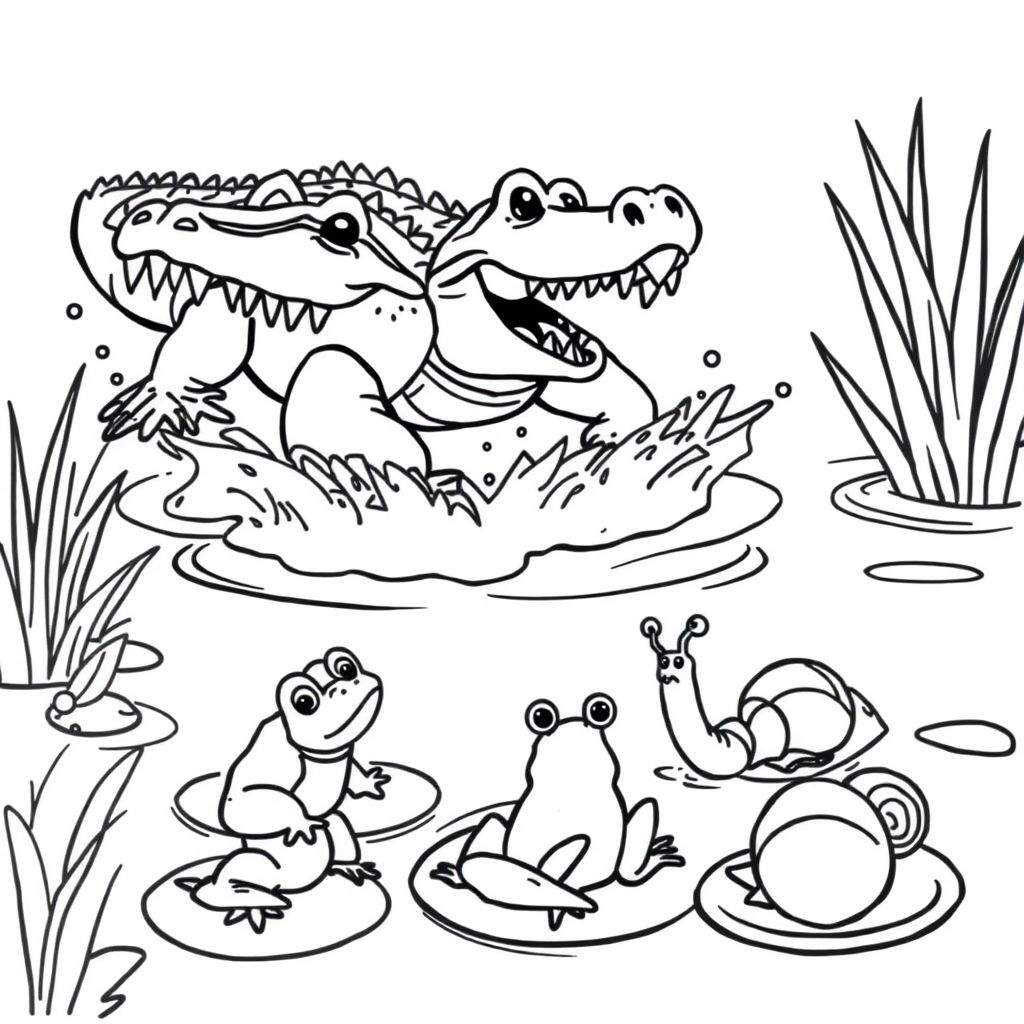 A pond with splashing water. A crocodile appears with its rough back and open mouth full of sharp teeth. A frog, a water spider, and two snails are shocked.