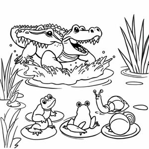 A pond with splashing water. A crocodile appears with its rough back and open mouth full of sharp teeth. A frog, a water spider, and two snails are shocked.