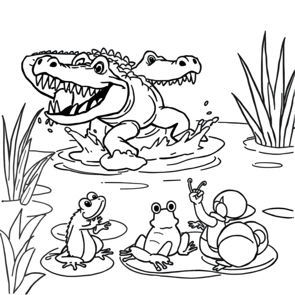 A pond with splashing water. A crocodile appears with its rough back and open mouth full of sharp teeth. A frog, a spider, and two snails are shocked.