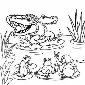 A pond with splashing water. A crocodile appears with its rough back and open mouth full of sharp teeth. A frog, a spider, and two snails are shocked.