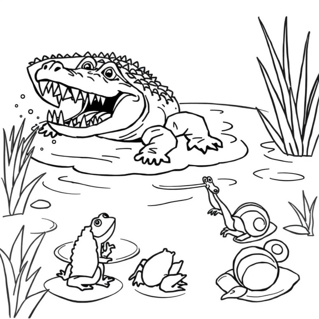 A pond with splashing water. A crocodile appears with its rough back and open mouth full of sharp teeth. A frog, a spider, and two snails look at the crocodile.