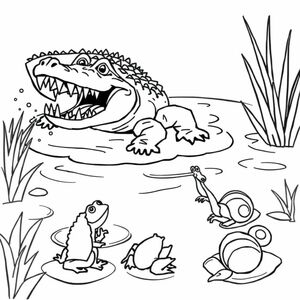 A pond with splashing water. A crocodile appears with its rough back and open mouth full of sharp teeth. A frog, a spider, and two snails look at the crocodile.