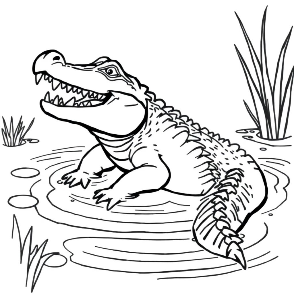 A pond with splashing water. A crocodile appears with its rough back and open mouth full of sharp teeth.