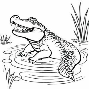 A pond with splashing water. A crocodile appears with its rough back and open mouth full of sharp teeth.