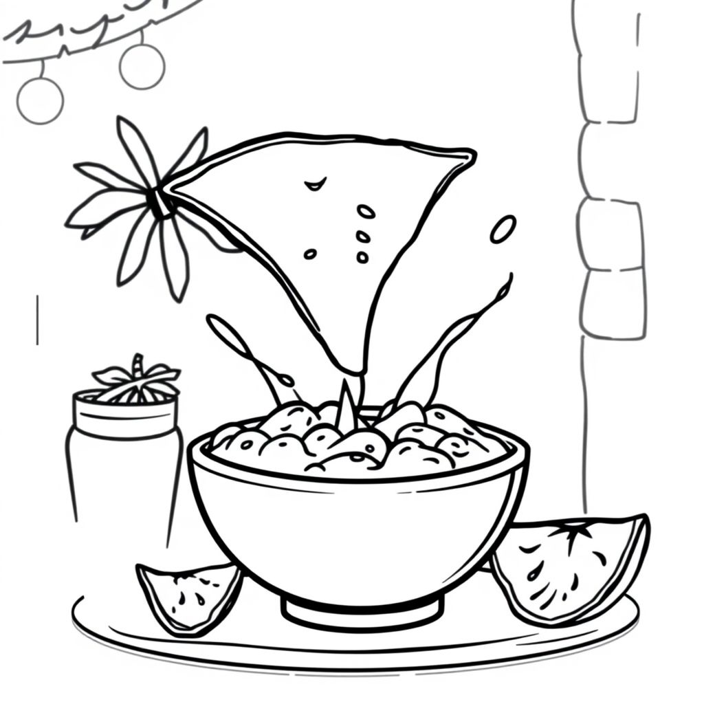 A tortilla chip jumping into a bowl of salsa at a party