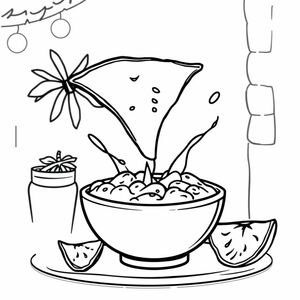 A tortilla chip jumping into a bowl of salsa at a party