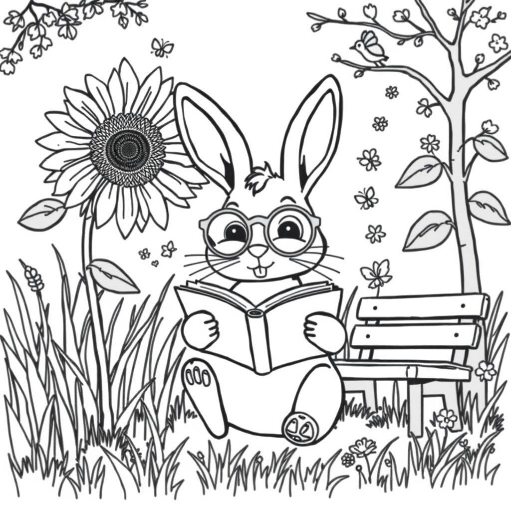 A cute bunny wearing round glasses, reading an open book under a giant sunflower. Background includes tall grass, fluttering butterflies, a small wooden bench, and a bluebird sitting on a tree branch above.
Style: Super simple line art, bold outlines, black & white only, nature garden theme.