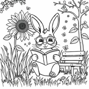 A cute bunny wearing round glasses, reading an open book under a giant sunflower. Background includes tall grass, fluttering butterflies, a small wooden bench, and a bluebird sitting on a tree branch above.
Style: Super simple line art, bold outlines, black & white only, nature garden theme.