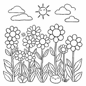 "description": "A whimsical garden scene with various flowers, each marked with a different emotion (happy, sad, angry, calm, excited). Kids can color the flowers in shades that represent how they feel about each emotion, and there's a sun and clouds for them to express sunny or rainy feelings. Each flower can have a blank space where they can write or draw their expression related to that emotion."