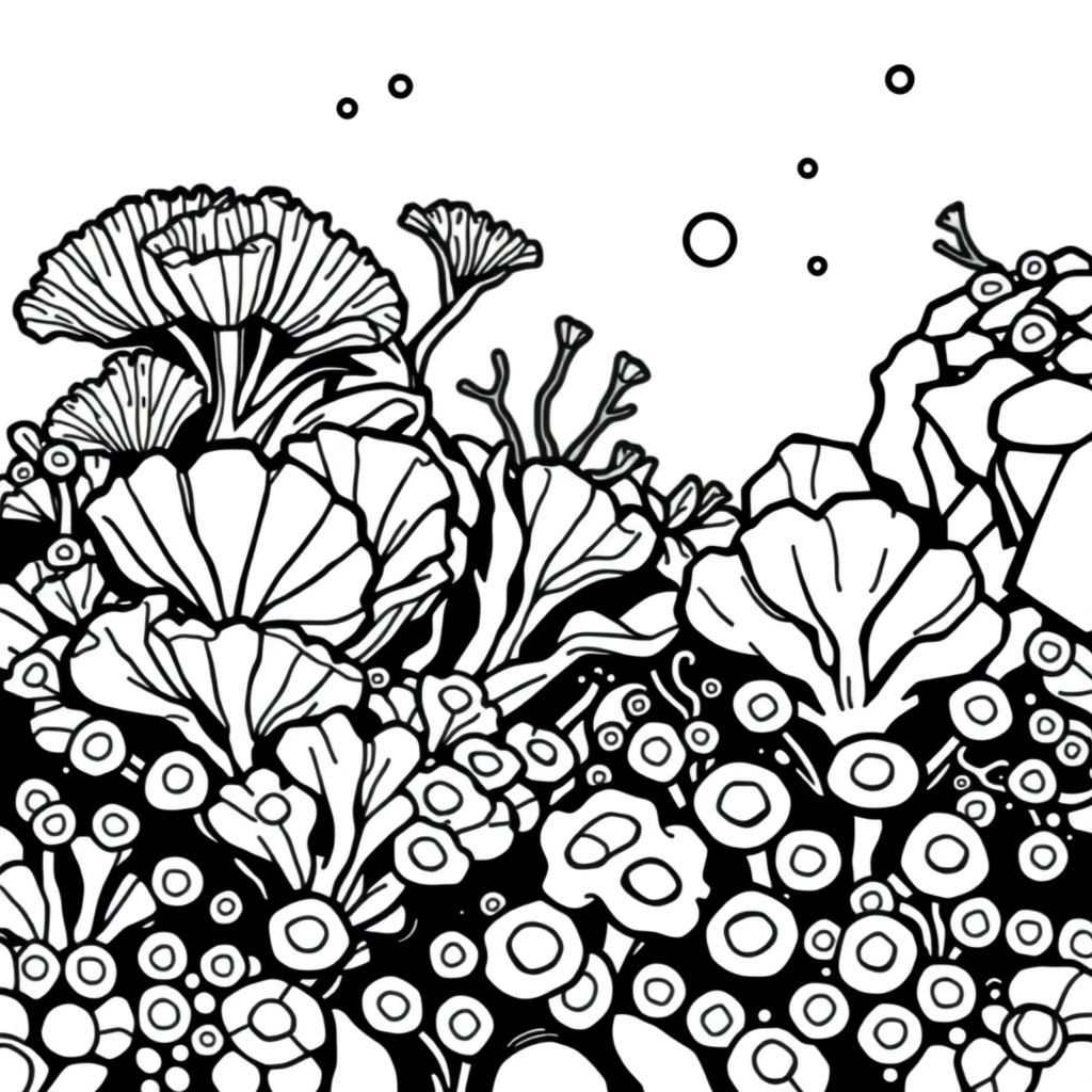 ocean theme art, hand-drawn, cartoon-style art of a deep ocean shelf covered in folded fan corals and tiny circular tube sponges in muted pastel shades
