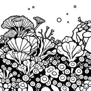 ocean theme art, hand-drawn, cartoon-style art of a deep ocean shelf covered in folded fan corals and tiny circular tube sponges in muted pastel shades
