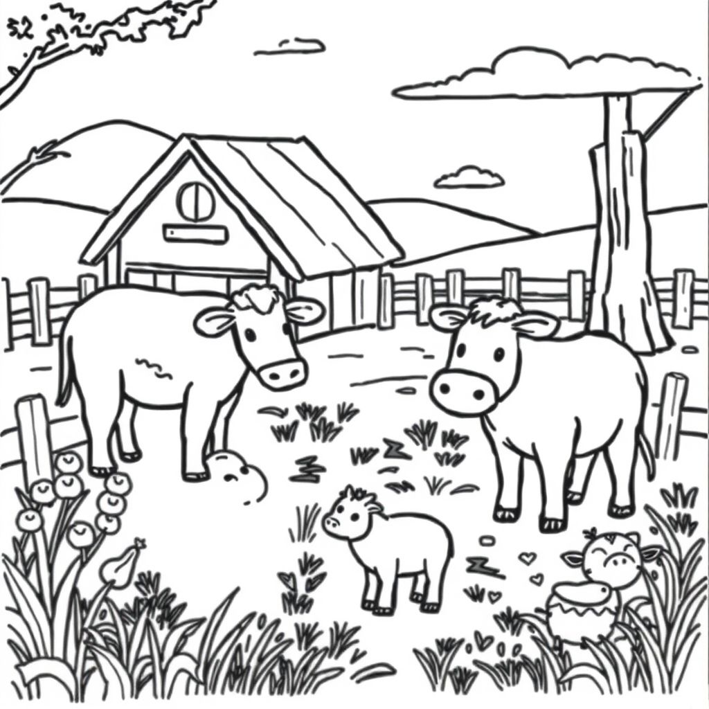 A coloring page about farm animals in a farm