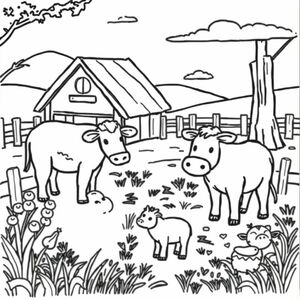 A coloring page about farm animals in a farm