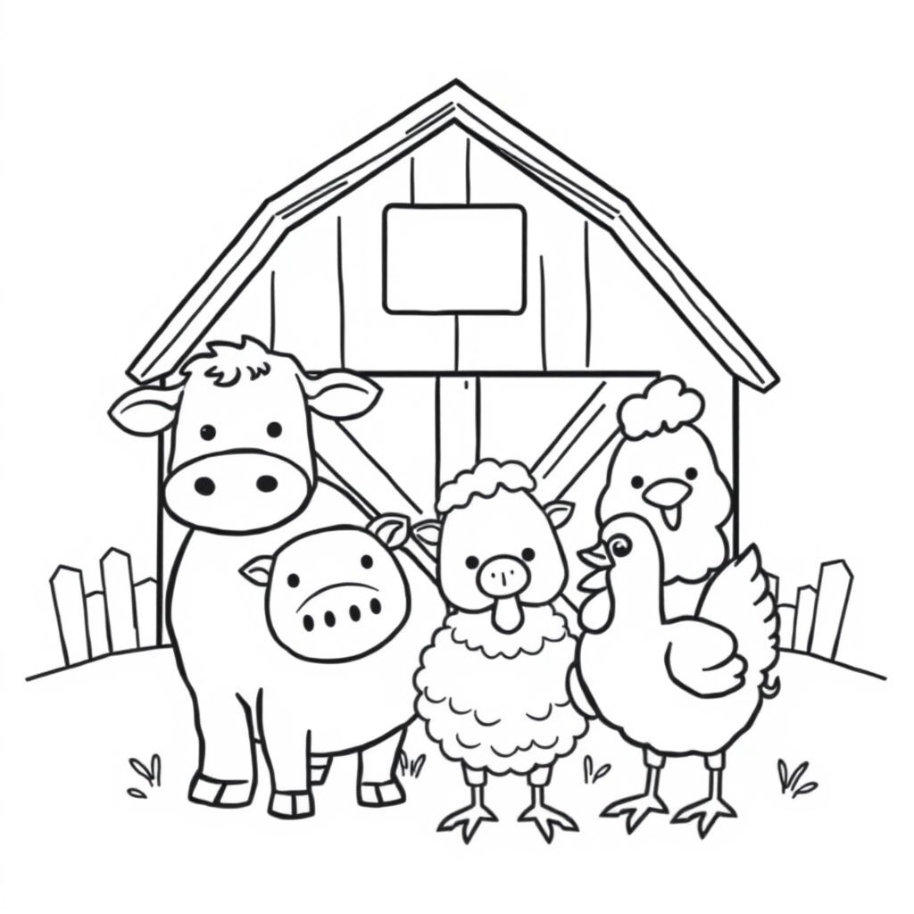 a coloring page about farm animals in a farm leaving space to put whatever I'd like and no distortions or imperfections.
