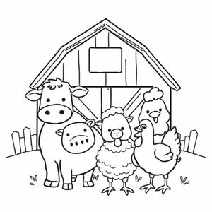 a coloring page about farm animals in a farm leaving space to put whatever I'd like and no distortions or imperfections.
