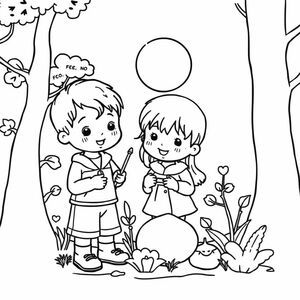 black and white coloring page for kids, simple bold clear outlines, no background, cute children interacting with nature: [النشاط بالتفصيل], kawaii style, easy for toddlers ages 3-5
