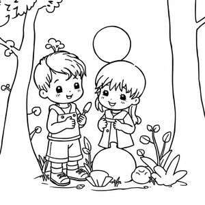 black and white coloring page for kids, simple bold clear outlines, no background, cute children interacting with nature: , kawaii style, easy for toddlers ages 3-5
