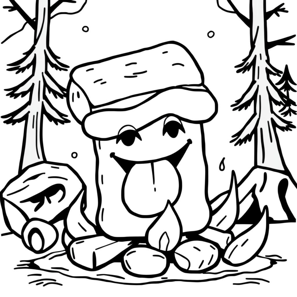 s’mores sticking its tongue out with campfire background 